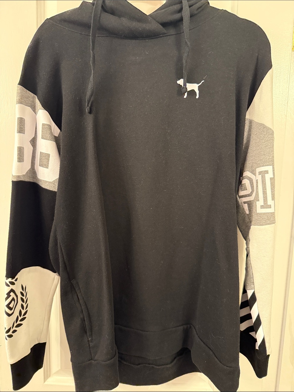 PINK Victoria's Secret Black Pullover Hoodie with Gray & White Sleeve Panels